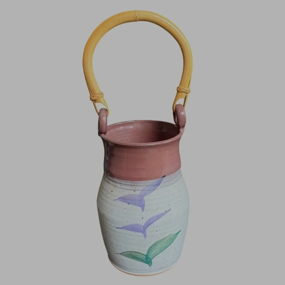 Handmade‎ Studio Pottery Vase w/ Bamboo Handle Purple Gray Green Vessel Abstract